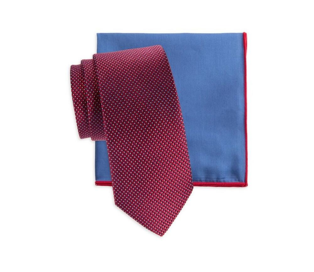 $135 NWT Hickey Freeman Red Navy Geometric 2-Piece Silk Tie & Pocket Square Set